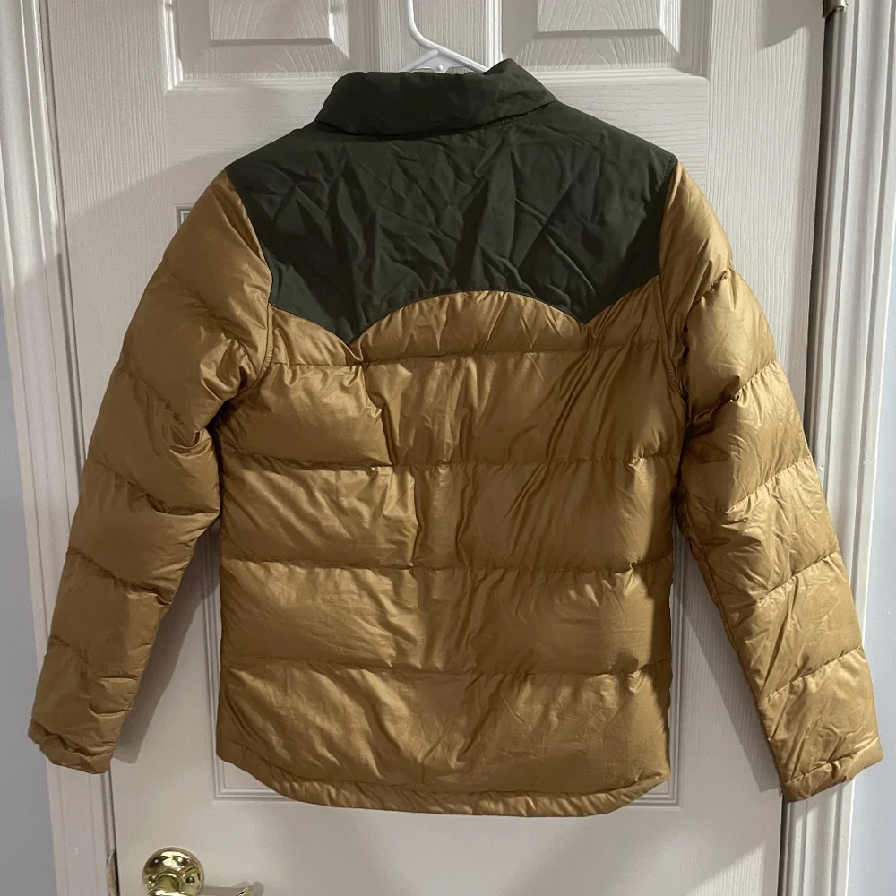 Patagonia Womens Gold Tan Army Green Down Filled Snap Button Puffer Jacket SZ XS - Picture 2 of 3